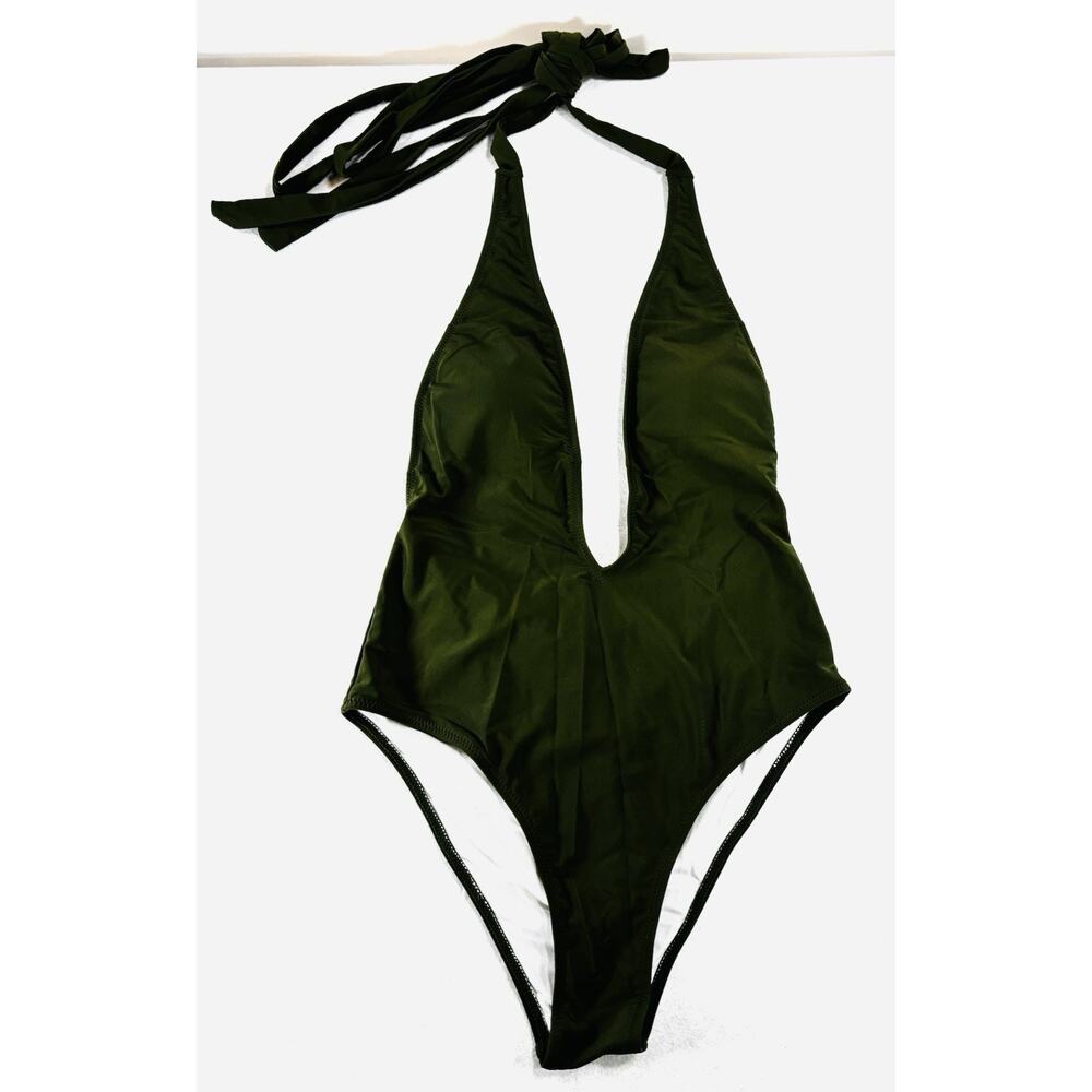 Cupshe Womens Dark Olive Plunging Halterโ One Piece Swimsuit Small NWT